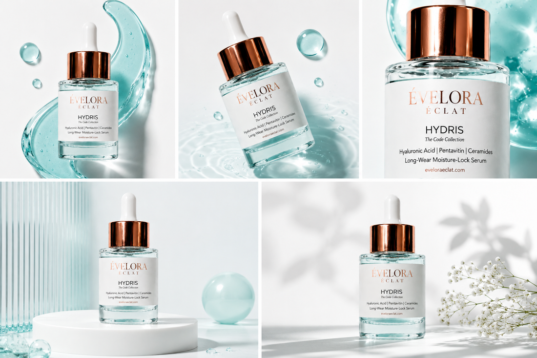 Luxury hydration serum featuring Hyaluronic Acid, Pentavitin, and Ceramides with a refined dewy editorial skincare aesthetic.