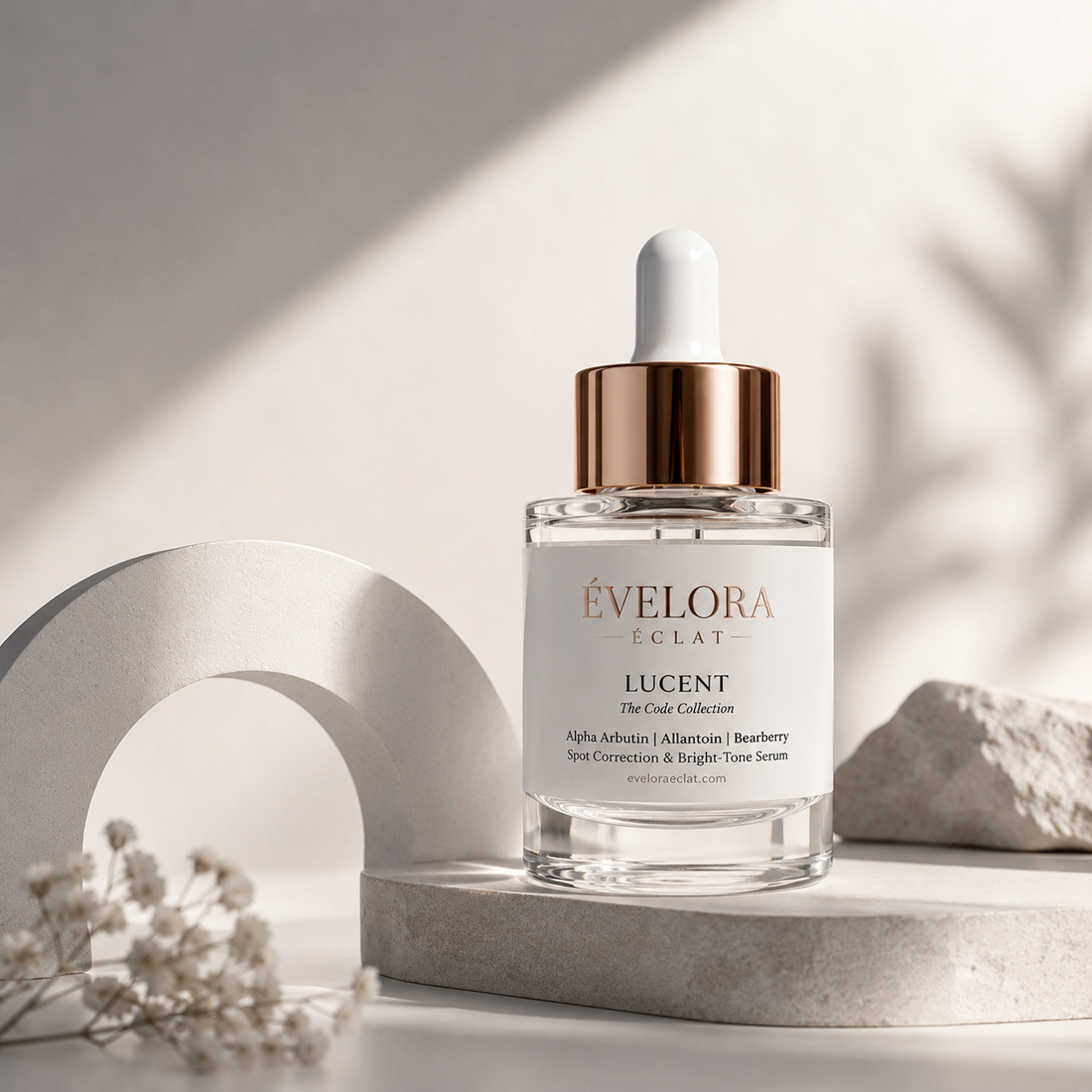 Luxury brightening serum featuring Alpha Arbutin, Allantoin, and Bearberry Extract with luminous editorial skincare aesthetics.