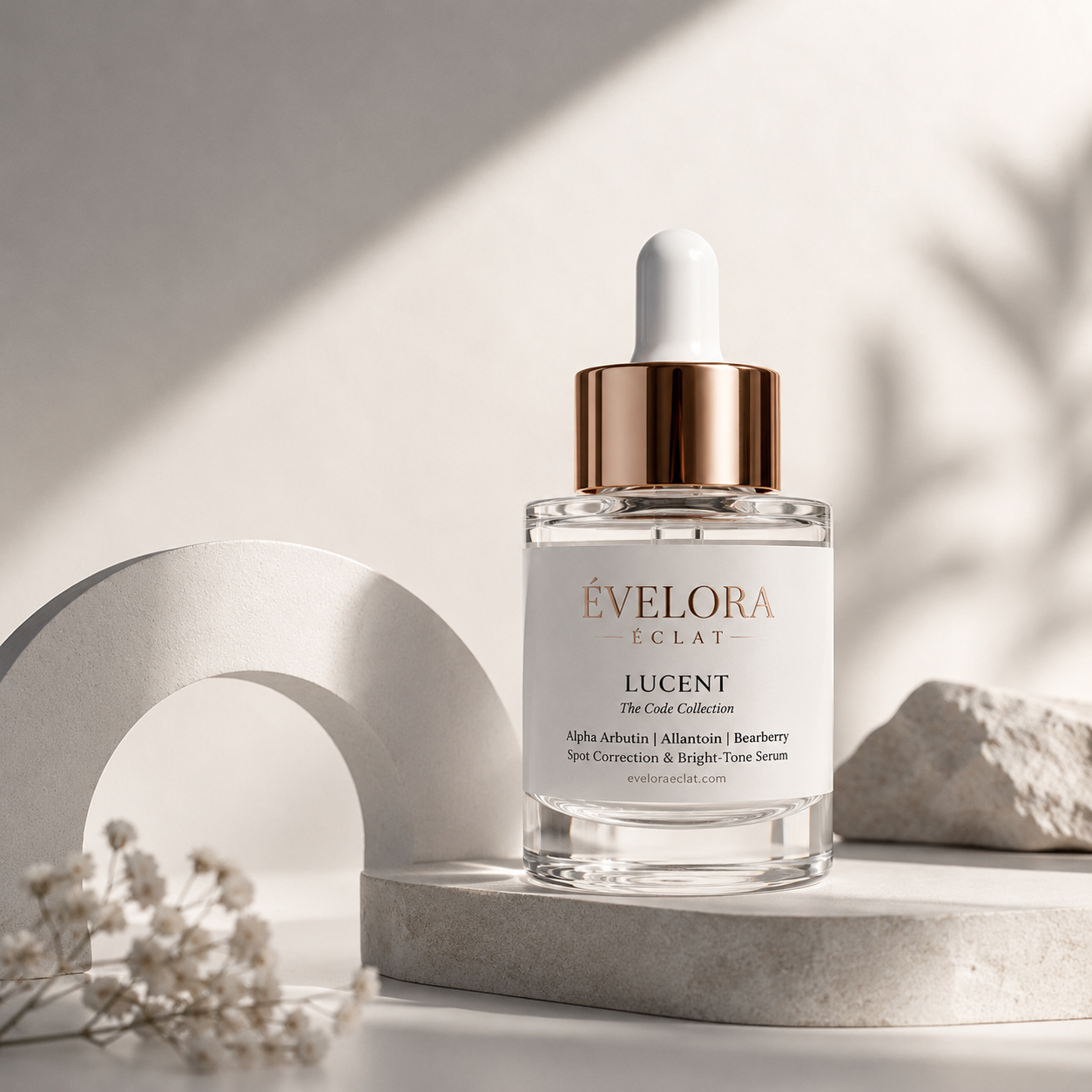 Luxury brightening serum featuring Alpha Arbutin, Allantoin, and Bearberry Extract with luminous editorial skincare aesthetics.