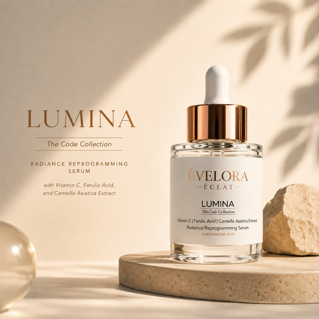 Luxury Vitamin C serum featuring Vitamin C, Ferulic Acid, and Centella Asiatica Extract with radiant editorial skincare lighting.