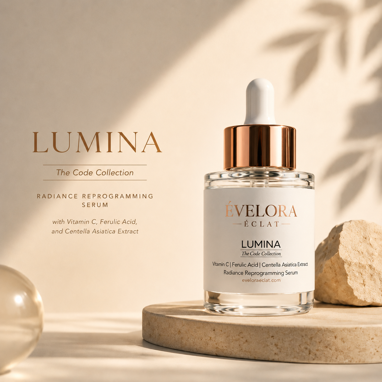 Luxury Vitamin C serum featuring Vitamin C, Ferulic Acid, and Centella Asiatica Extract with radiant editorial skincare lighting.