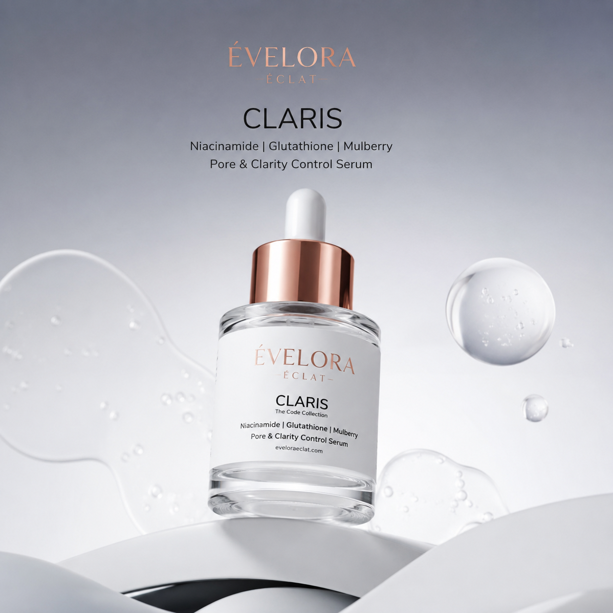 Luxury niacinamide serum featuring Niacinamide, Glutathione, and Mulberry with a refined editorial skincare aesthetic.