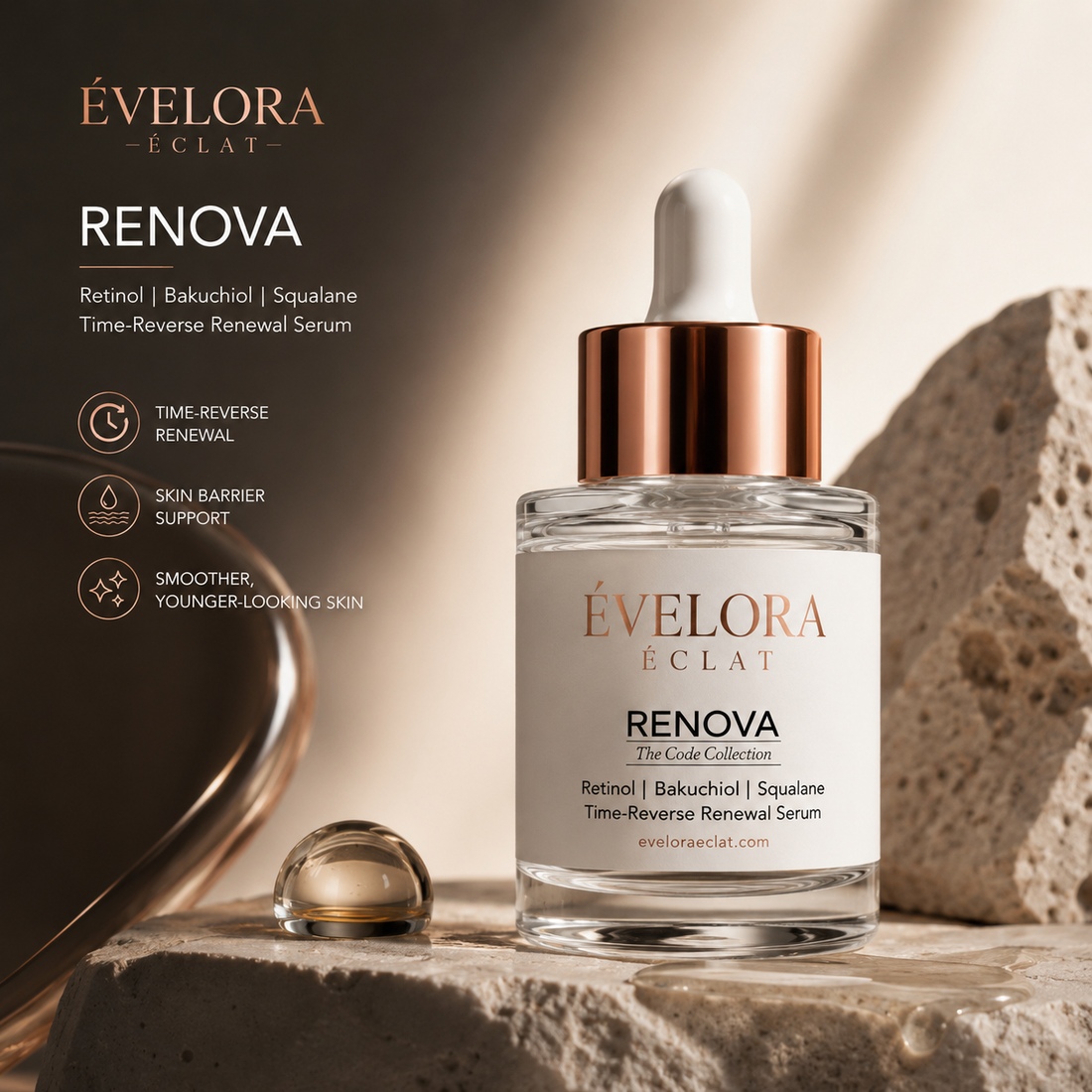 Luxury nighttime renewal serum featuring Retinol, Bakuchiol, and Squalane with cinematic editorial skincare lighting.