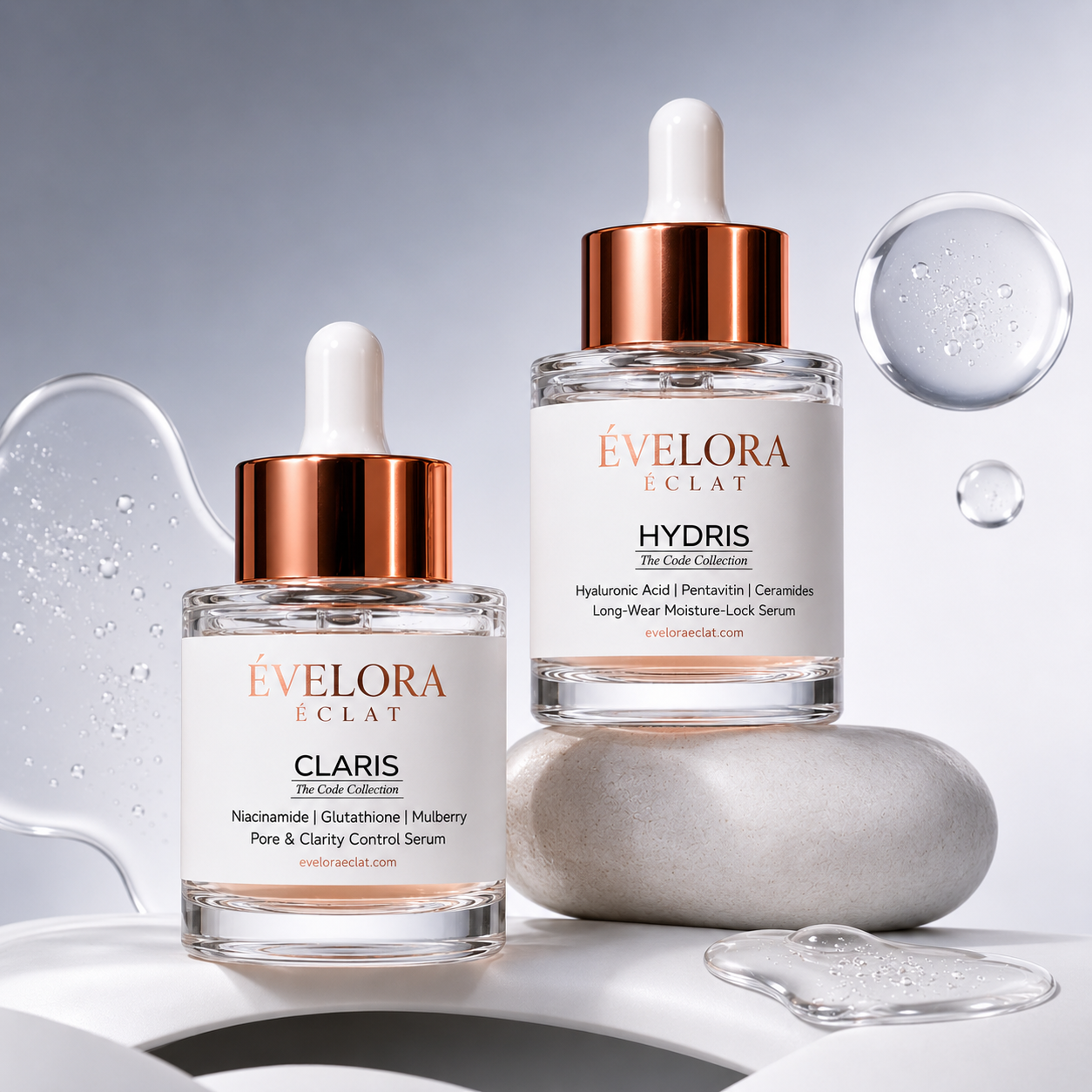 Luxury hydration serum featuring Hyaluronic Acid, Pentavitin, and Ceramides with a dewy barrier repair inspired aesthetic.